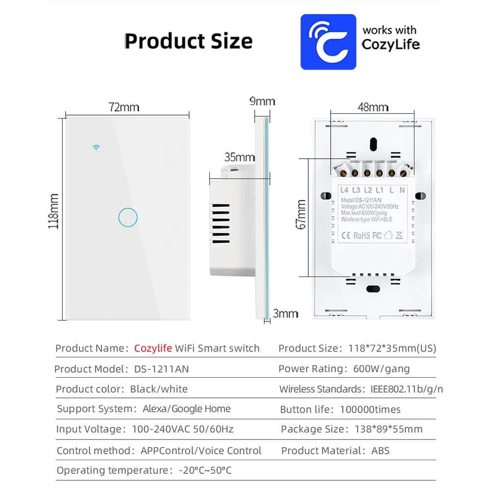 Cozylife WiFi Smart Switch US Brazil Light Wall Touch Switch Need Neutral Wire Smart Life Work with Alexa Google Home 1/2/3 Gang