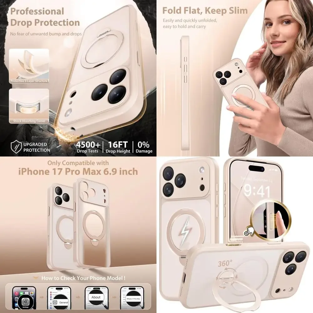 

360 ° Магнитная подставка Spin для чехла iPhone 17 Pro Max, [Совместимость с MagSafe] [Полная защита камеры] [Военная защита 16 футов