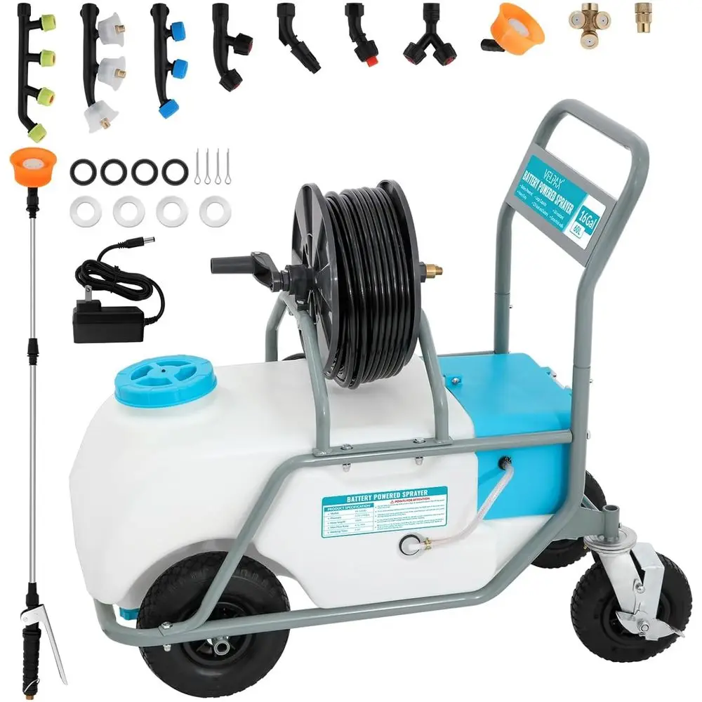 

Аккумуляторный опрыскиватель на 16 галлонов, электрический насос 90 PSI, 6 часов работы от батареи, аккумулятор 12В 8Ач, регулируемая HD-штанга и 10 насадок