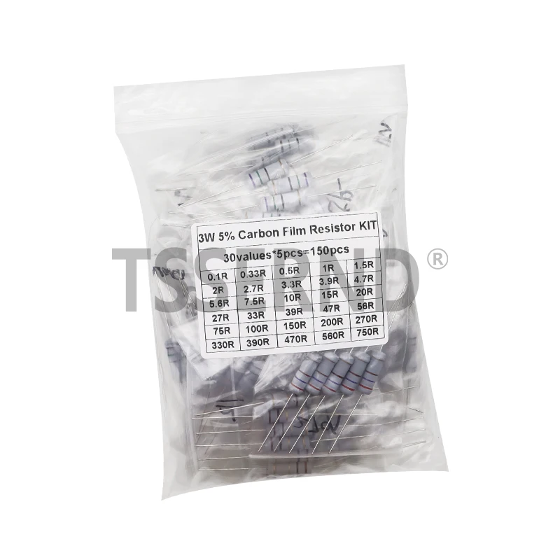 150PCS 300PCS 1W 2W 3W 5W Carbon Film Resistor Assortment Kit 5% Resistance Set 30Kinds 0.1-750 ohm 1K-820K DIY components