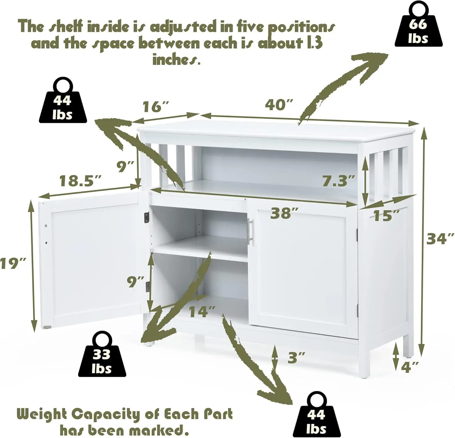 خزانة بوفيه مع رف قابل للتعديل، خزانة جانبية لتخزين النبيذ، 40 × 16 × 34 بوصة #3