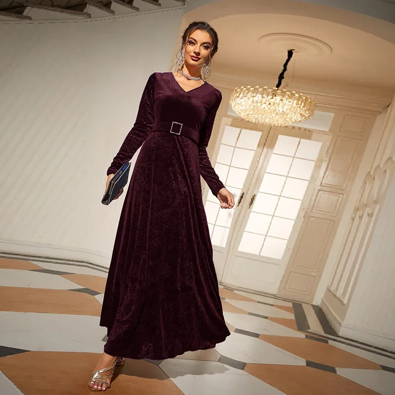 

Winter Women Eid Muslim Velvet Dresses Long Sleeve V Neck Morocco Party Dress Belt High Waist Dubai Abayas Vestidos Arab 2025