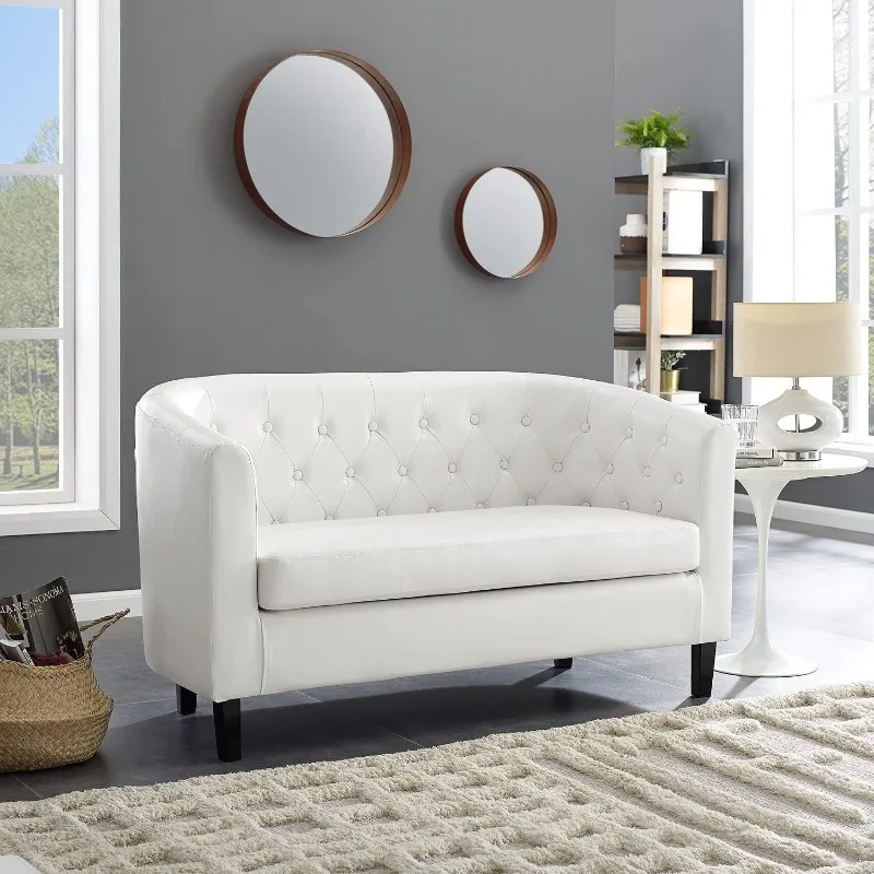 

Bucket Love seat, button tufted faux leather sofa, Modern 2-seater faux leather sofa, white