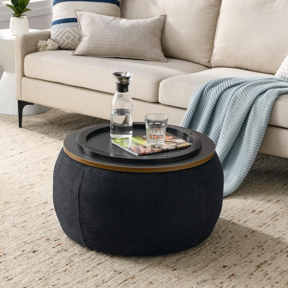 Modern Round Storage Ottoman with Wooden Lid,Circle Ottoman Handmade Ottoman Coffee Table,End Table & Footstool for Liv