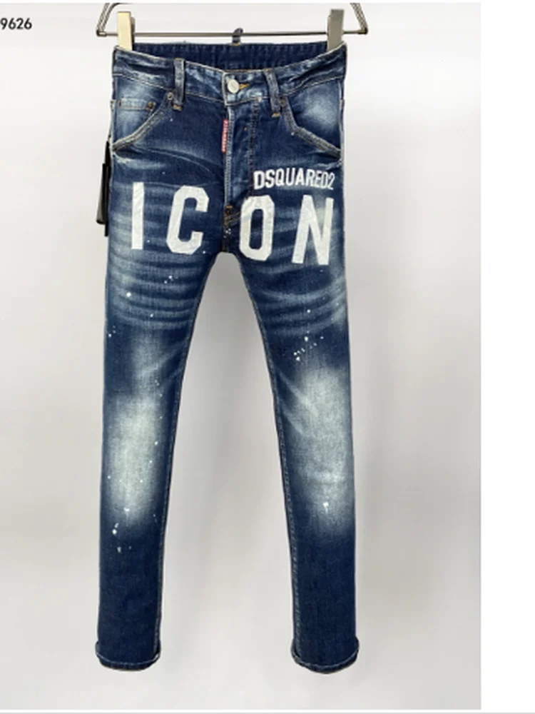 

New D2 Trendy Men's Blue DSQ2 Jeans mid Waist Waed Slim Fit Small Foot Patchwork Casual Breathable Comfortable Stretchy