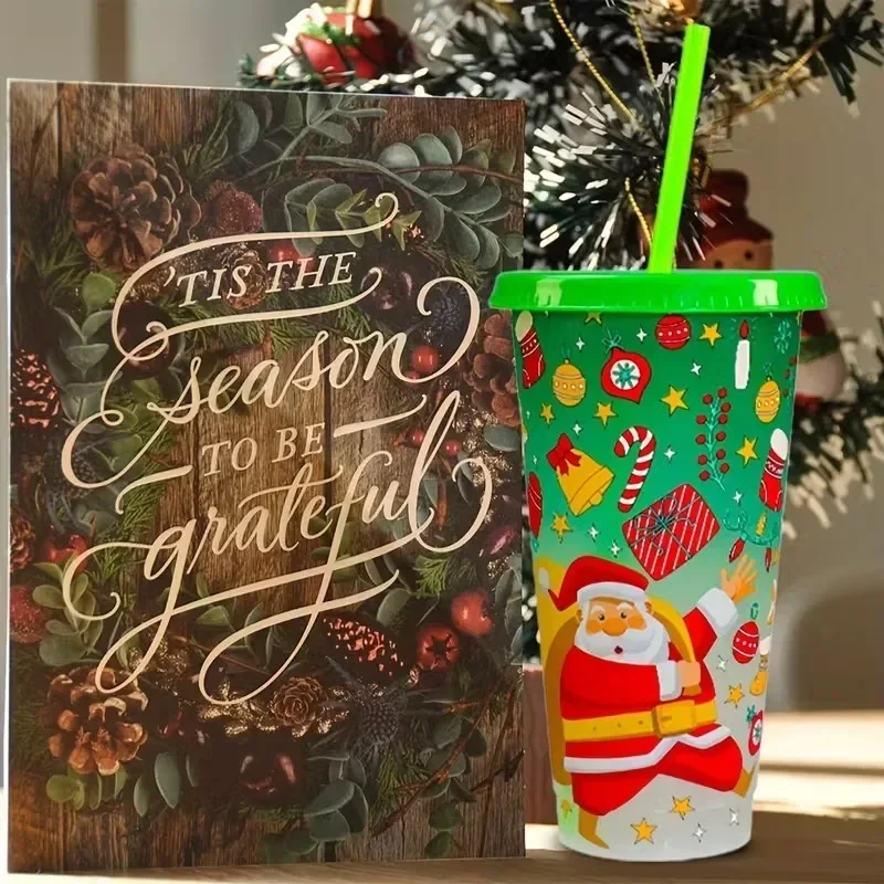 2-8PCS Christmas Santa Claus Color Changing Straw Cups Large Capacity Cold Sensitive Cup Set for Christmas Party Drinks