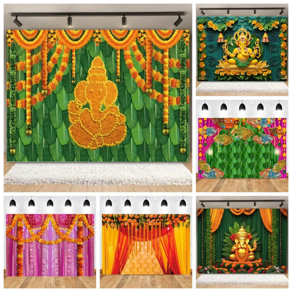 

Indian Traditional Marigold Green Leaf Banner Photography Backdrop, Indian Wedding Huli Flower Galan Photography Backdrop Cloth