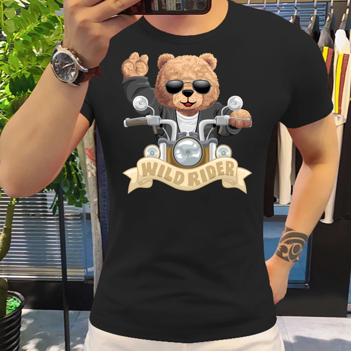 Motorcycling Bear Funny Cute Top Camisetas Black Ladies Tshirts Aesthetics Graphic White Short Sleeve 100%Cotton Man's T-shirt