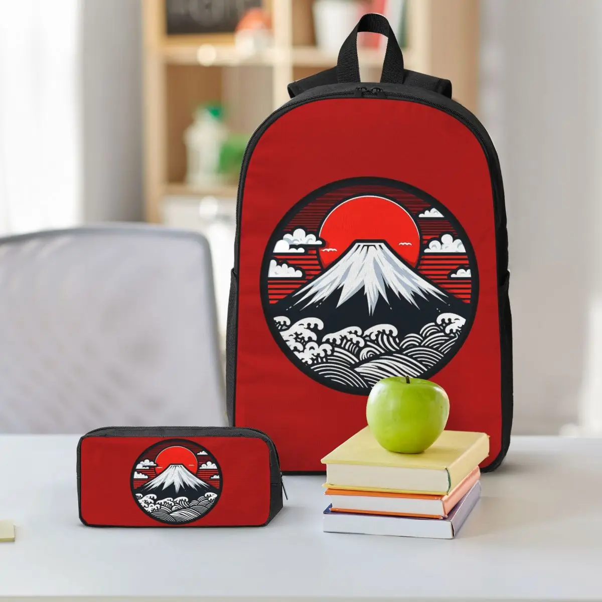Mount Fuji And The Great Wave Off Kanagawa Backpack Student BookBag School Bag Shoulder Bags 3ps Insulated Lunch Bag Pencil Case