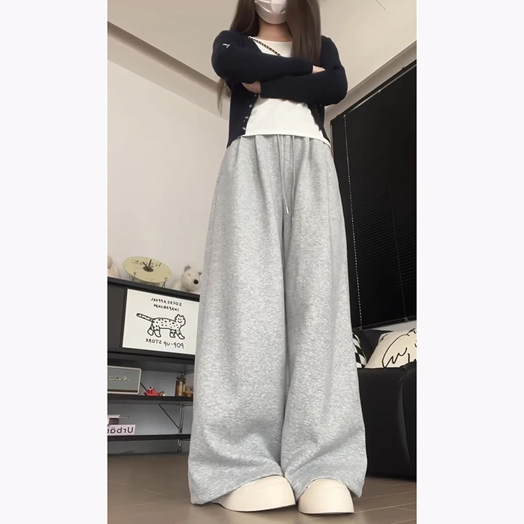 กางเกงลำลองทรงหลวมสไตล์สปอร์ตสำหรับผู้หญิง เอวยางยืดแบบผูกเชือก ดีไซน์เรียบง่าย แฟชั่นต้นฤดูใบไม้ร่วง กางเกงขายาวเอวสูง