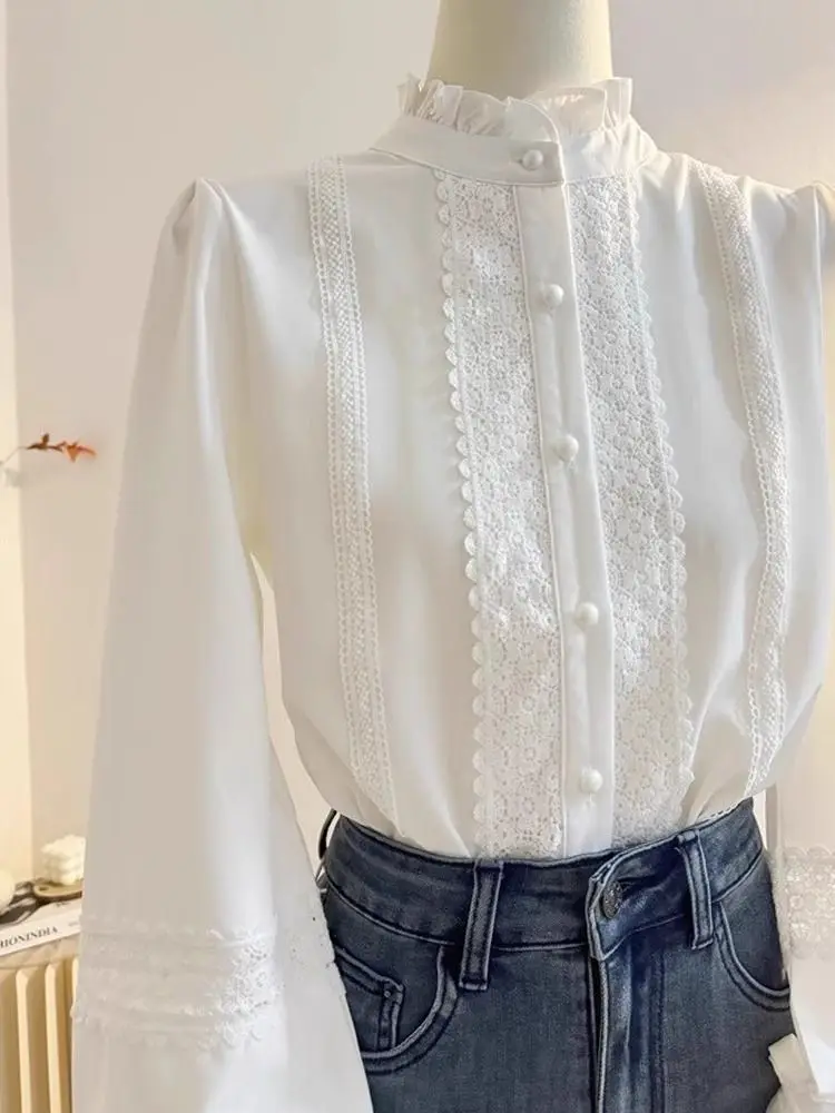 Lace Patchwork White Mushroom Stand Collar Women 2025 Lantern Long Sleeved Top