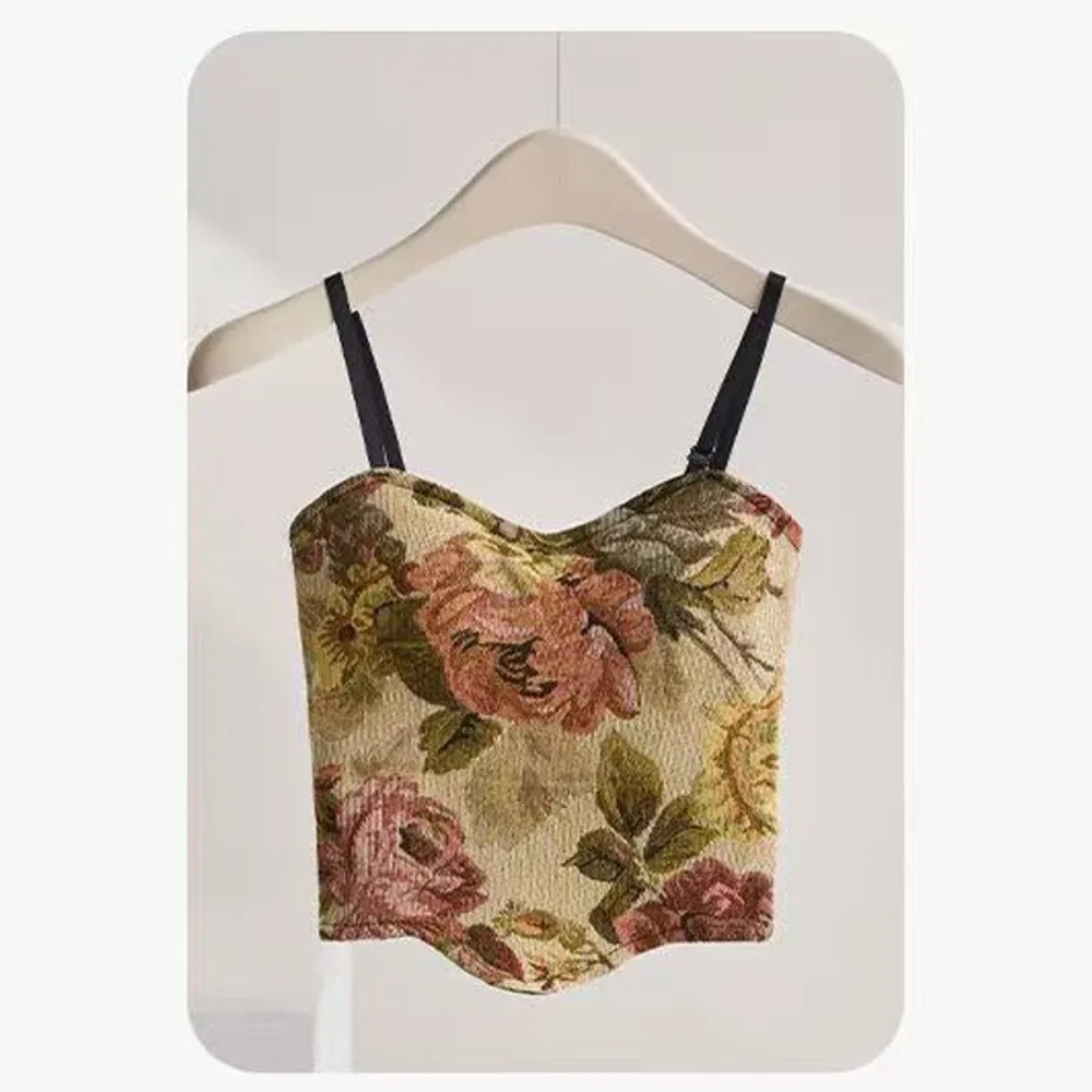 Fashion Retro One-Piece Thin Vest Sleeveless with Chest Pad Short Top Floral Embroidery Camisoles Women