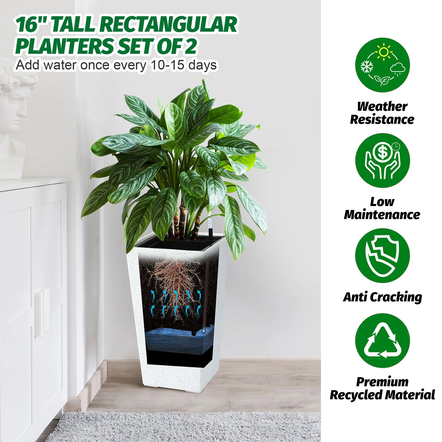 Set of 2 Modern Planters – Large Outdoor & Indoor Plant Pots with Self Watering System, Drainage Holes, Water Level Monitor & Inner Bucket – Ideal for Patio, Porch, Garden or Home Décor