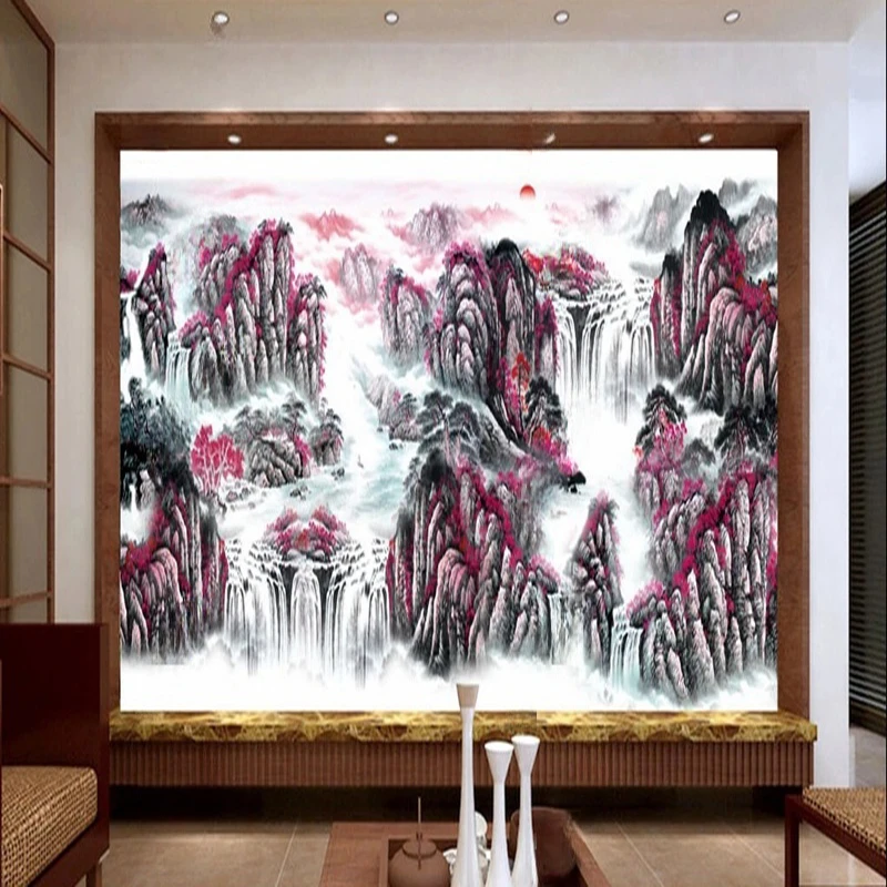 Custom Wallpaper & Wall Mural New Chinese Style Waterfall Landscape Background Painting for Living Room Bedroom Home Decor