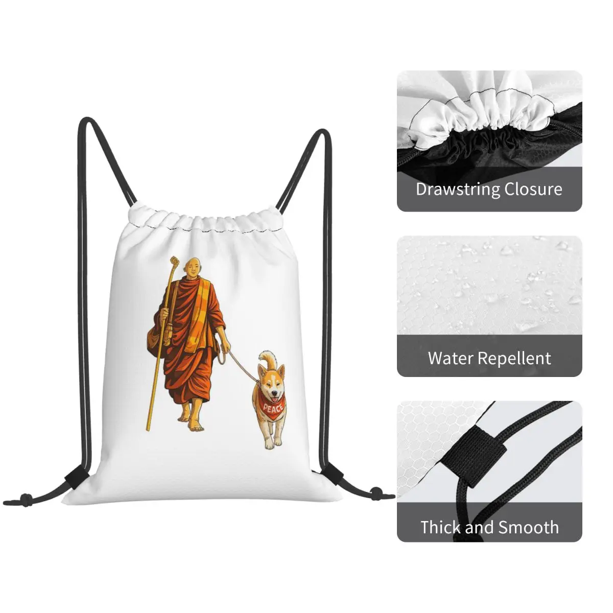 Walk For Peace - Monks And Aloka Dog Backpacks Portable Drawstring Bundle Pocket Sports Bag Book Bags for Travel School