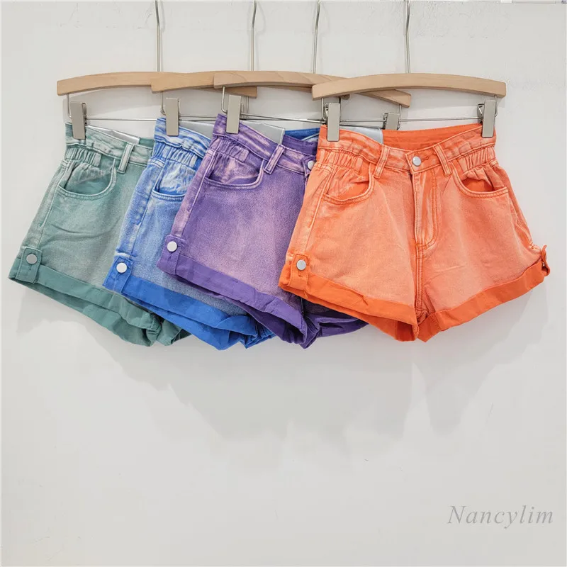 European Style Curling Denim Shorts Women's 2024 Summer Elastic High Waist Bud-Shaped Hot Pants A- Line Wide Leg Purple Shorts