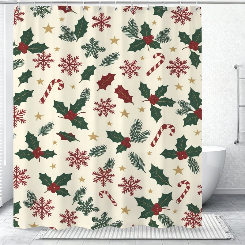 180x180cm Polyester Christmas Shower Curtain,Easy to install,Xmas-themed pattern with holly leaves snowflakes candy Print