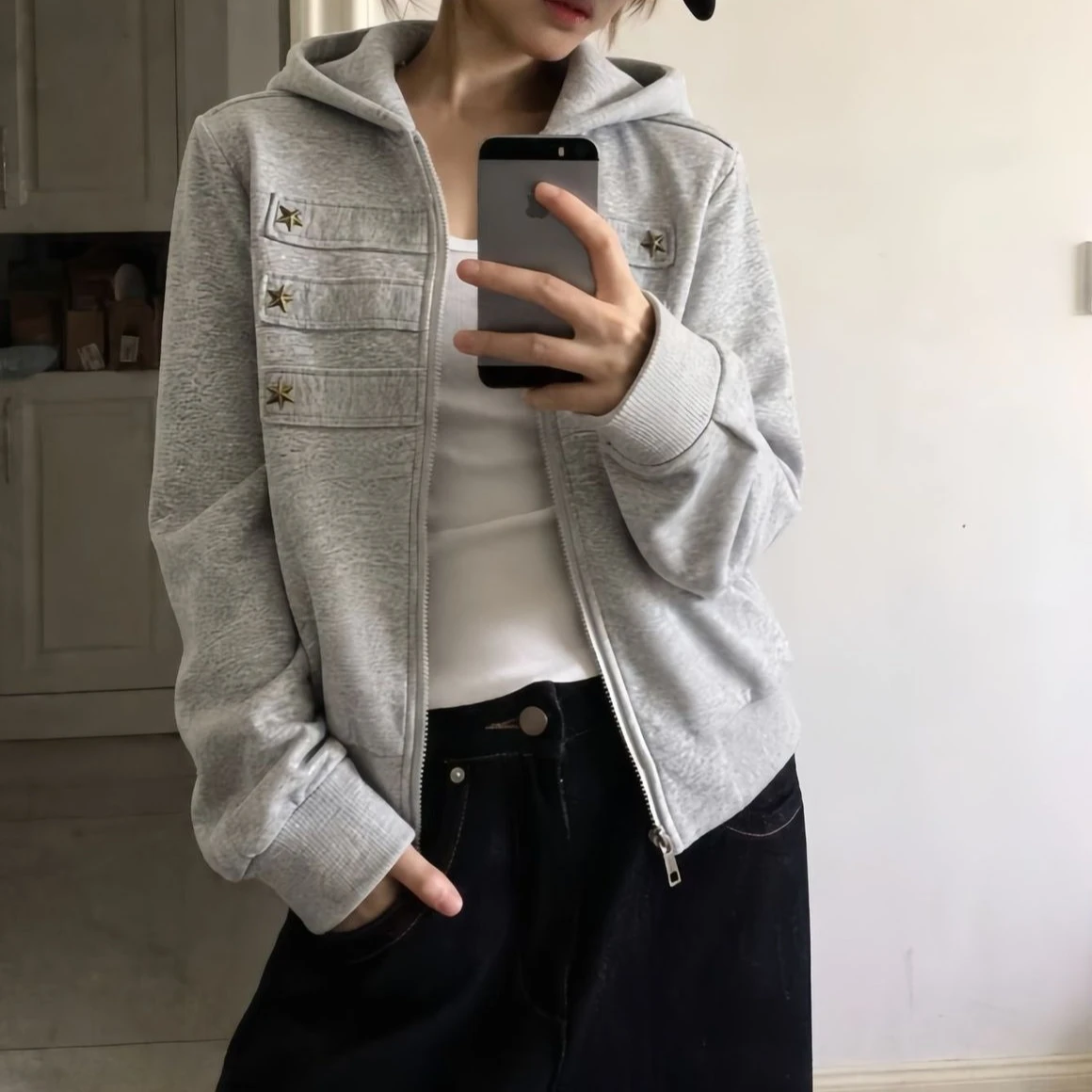 HOUZHOU Women Napoleon Style Star Studded Hoodie Vintage Zip Up Gray Sweatshirt Shoulder Epaulets Casual Streetwear Short Jacket