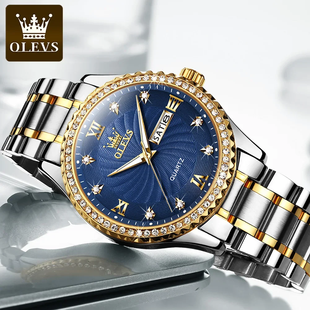 OLEVS 5565 Stainless Steel Strap Quartz Men Wristwatches Golden Diamond-encrusted Luxury Business Waterproof Watches for Men