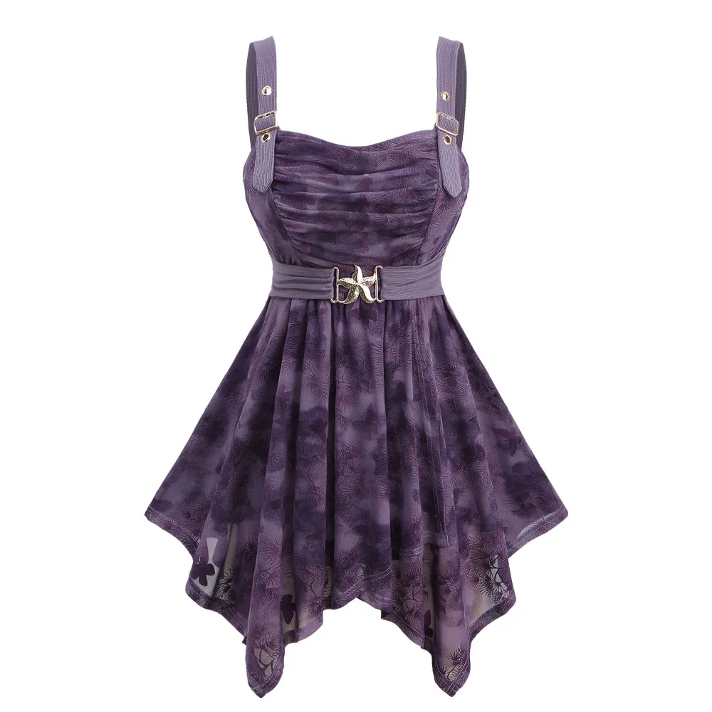 

ROSEGAL Plus Size Pine Tree Butterfly Print Tank Tops Starfish Buckle Ruched Asymmetrical Detailing Women's Summer Vest Purple