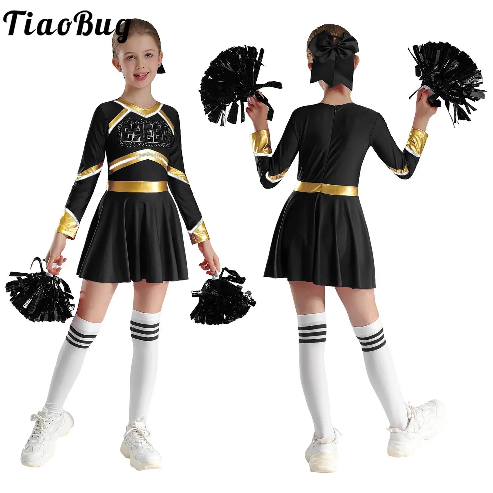 

Girls Cheerleading Dance Costume Outfit Schoolgirl Cheerleaders Set Cheer Letter Pattern Long Sleeve Dress with Bowknot Headwear