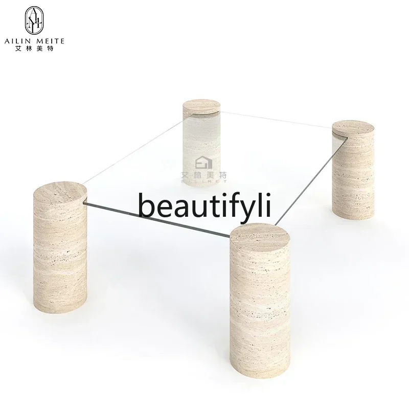 182Q Natural Roman cave stone suare tempered glass coffee table designer living room high-end coffee table