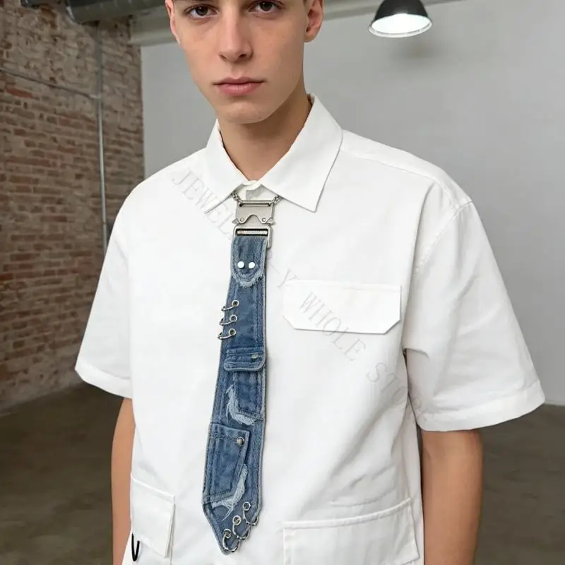 r7uf-stylish-distressed-texture-necktie-with-chain-decors-adjustable-tie-for-women-men-teens-various-occasion-punk-neckwear