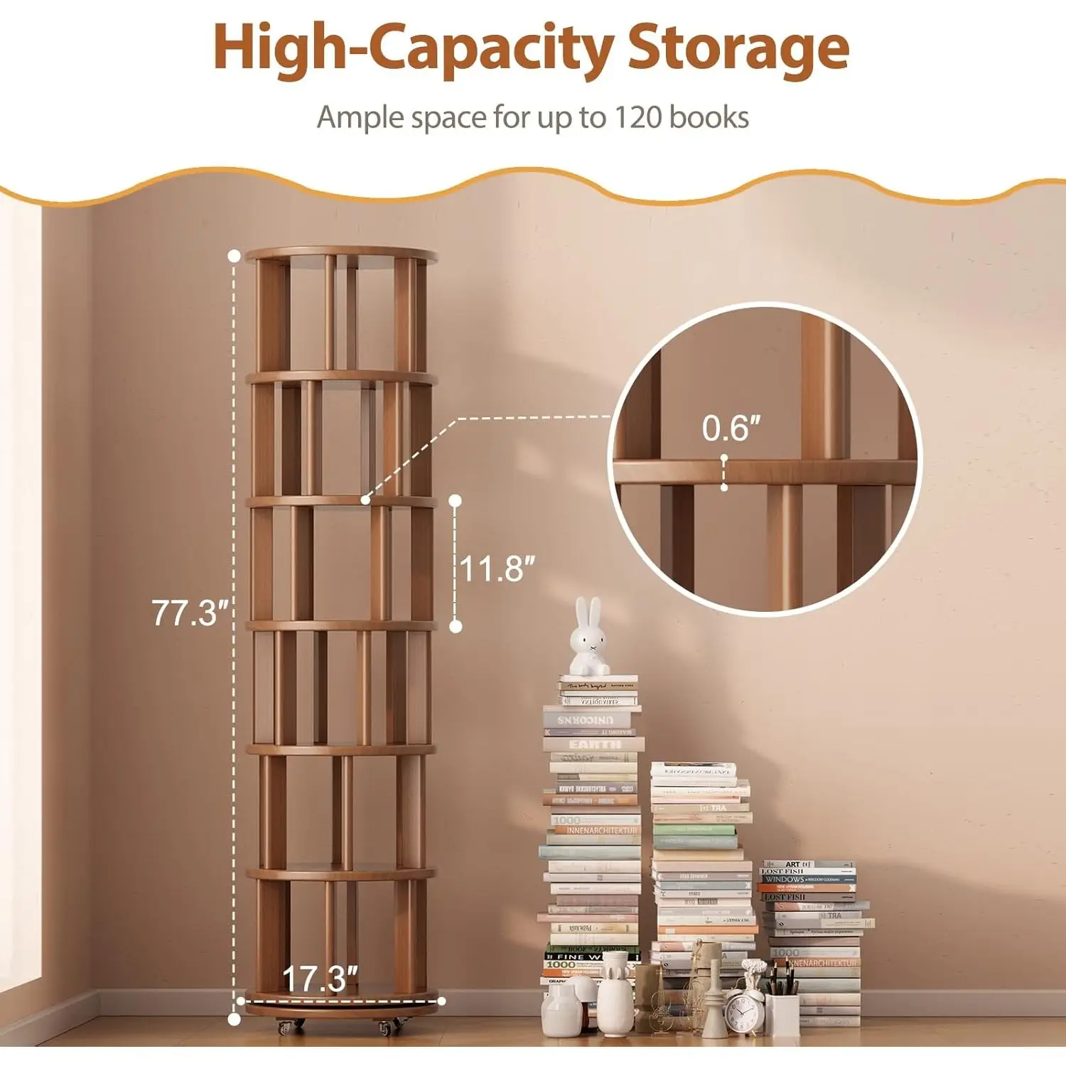 6-Tier Solid Wood Rotating Bookshelf Rubberwood Finish Wheels 360 Spinning Bookcase Tower For Living Room Furniture Midcentury