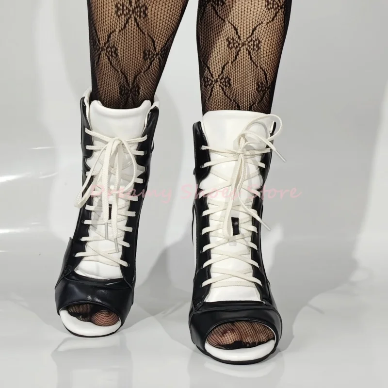 Black White Mixed Colors Stiletto Ankle Boots Women Lace Up Open Toe Round Toe Short Boots Fashion Trendy Party Runway Shoes New