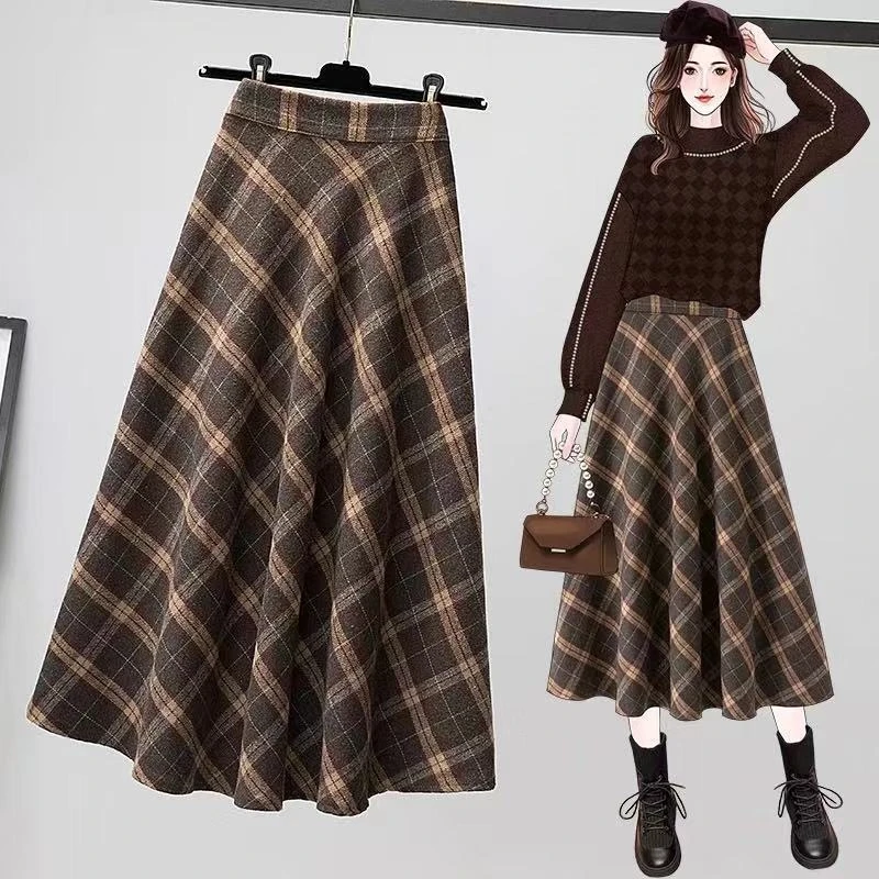 Wool Plaid Midi Skirt for Women, Autumn Winter New Loose Vintage British Style Mid-Length High Waist Bodycon A-Line Skirt