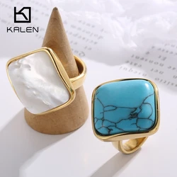 KALEN Big Stainless Steel Pearl Shell Rings For Women Girls Geometry Square Turquoise Rings Party Jewelry