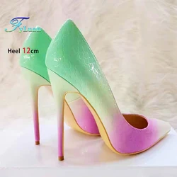 New Luxury Lady Stiletto Rainbow Pattern Single Shoes Mint Green Purple Gradient Pumps Pointed Soft Leather Shallow Mouth Heels