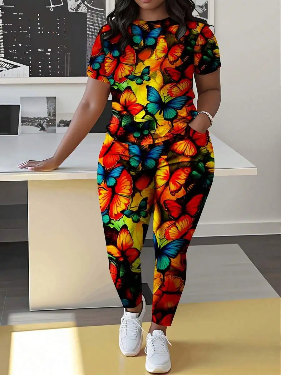 

Butterfly Print 2-Piece Set Women Short Sleeve Top And Pants Casual Comfortable Outfit