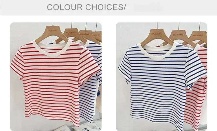 Gestreiftes Kurzarm-Damen-T-Shirt 2026 Sommer Neuheit Baumwolle Lässig Vielseitig Schlanke Passform Modische Oberteile Farbblock-Shirt – Detail 3