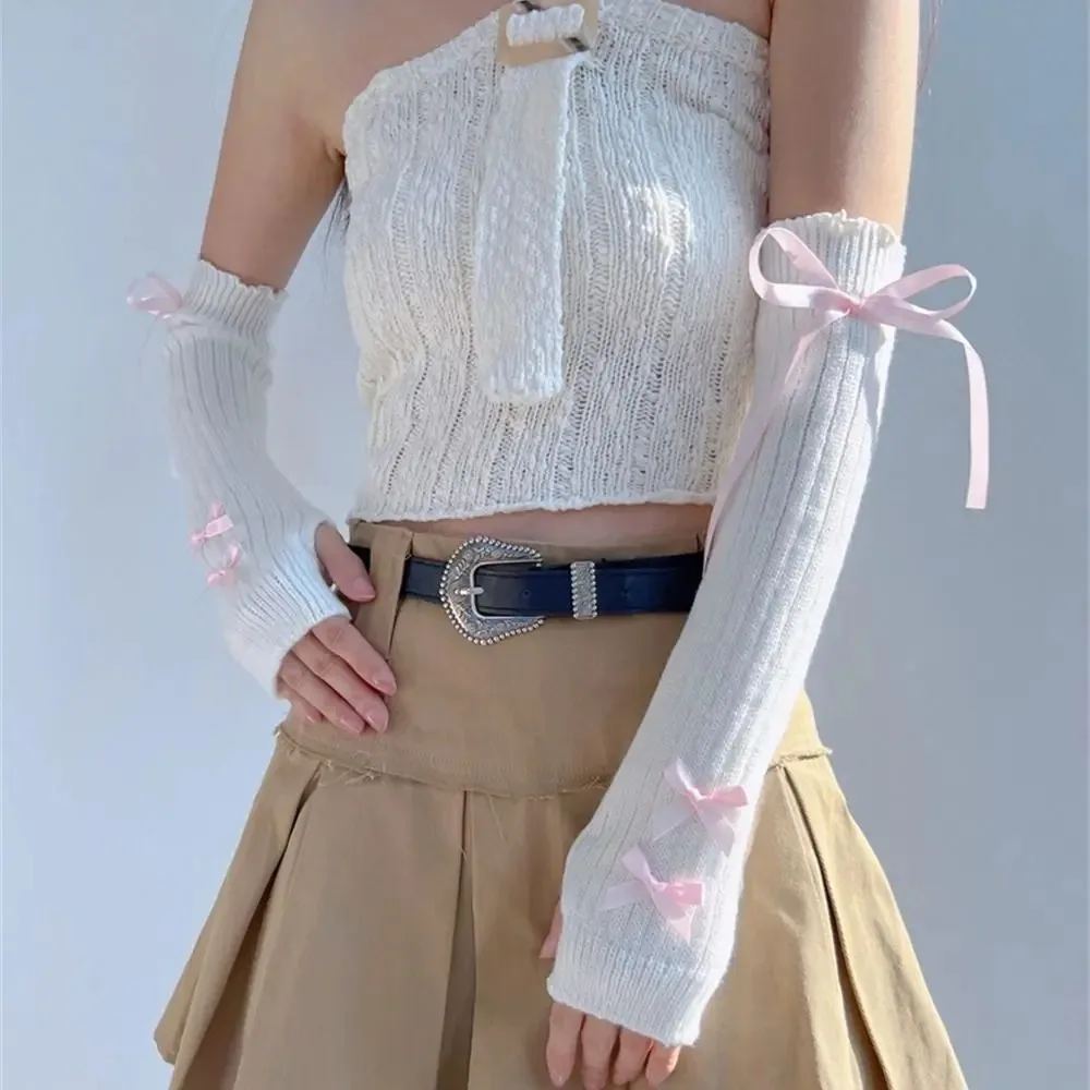 Soft Elastic Knitted Bow Arm Sleeves Ballet Style Warm Long Wrist Gloves Y2K Korean Style Half Finger Long Gloves JK