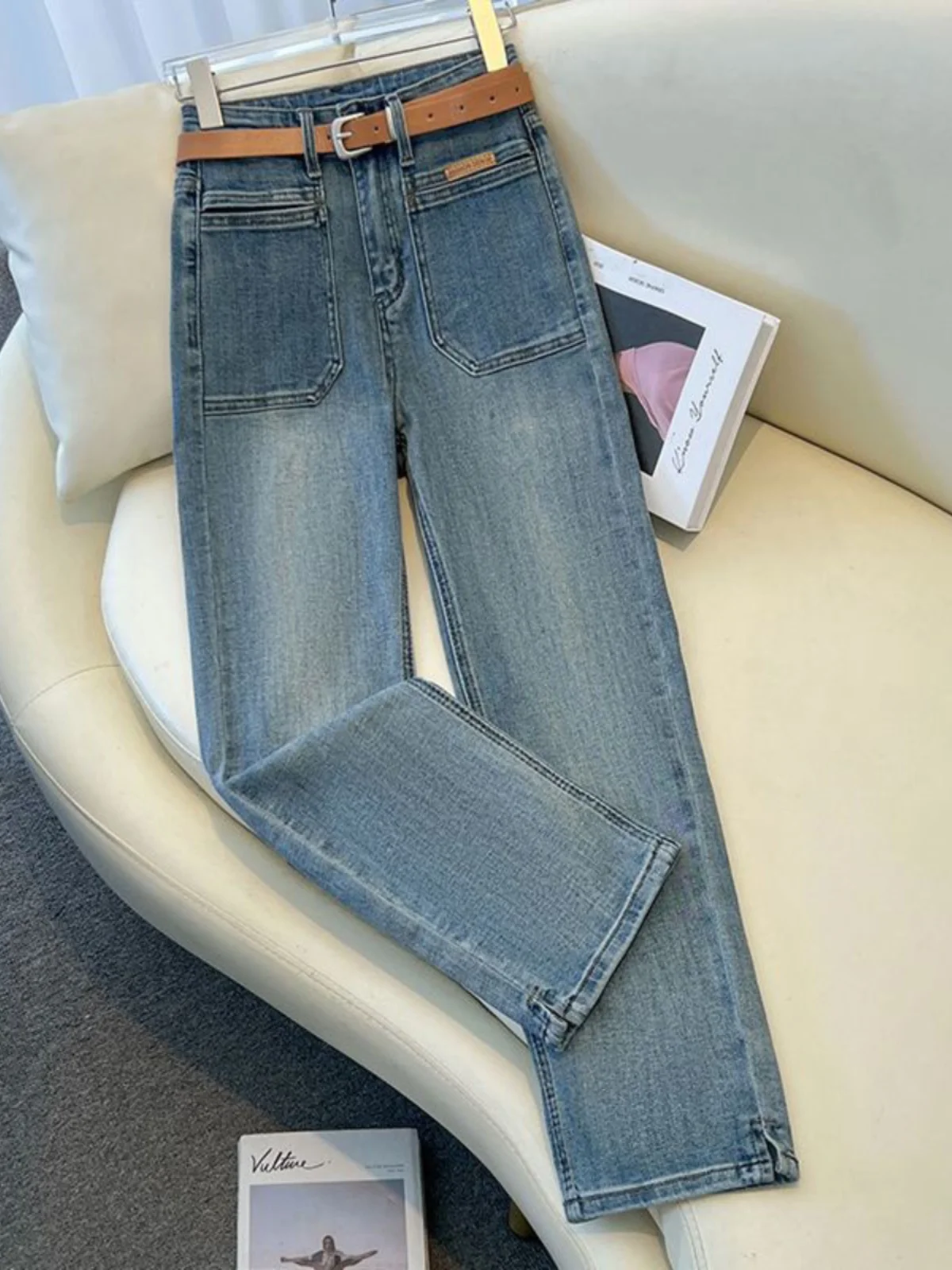 

Прямые джинсы с высокой талией, женские летние новые универсальные прямые брюки с девятью точками, джинсовая смесь хлопка и полиэстера