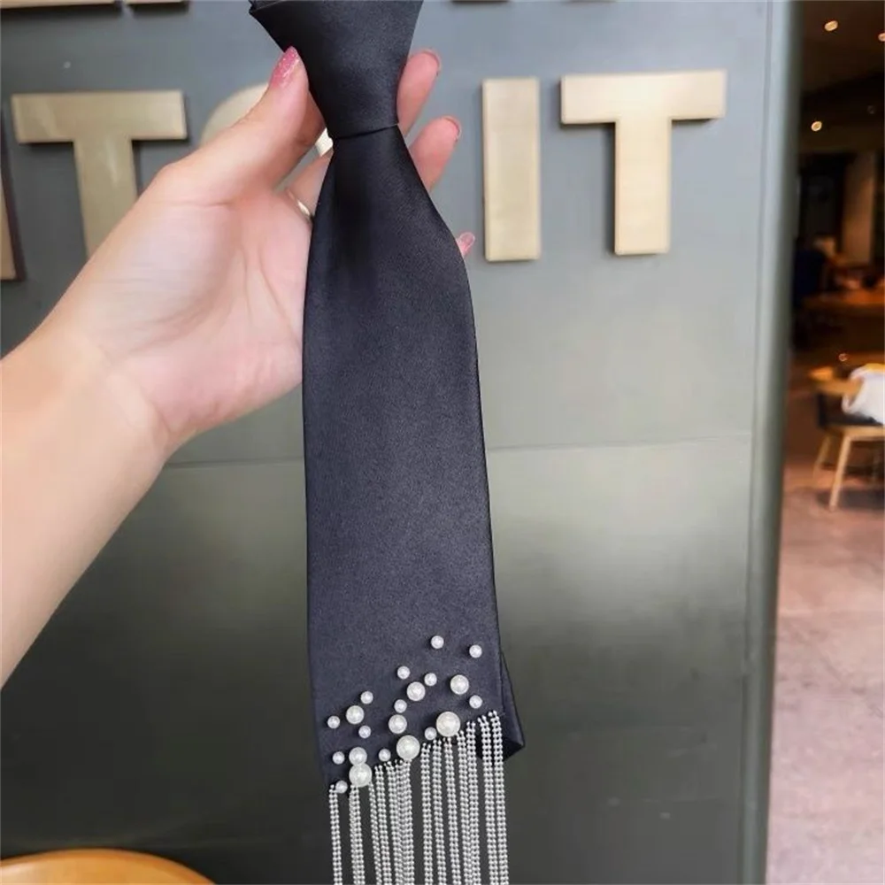 Advanced sense 2024 Heavy Industry design pearl tassel tie female Korean rhinestone lazy free tie with shirt bow tie