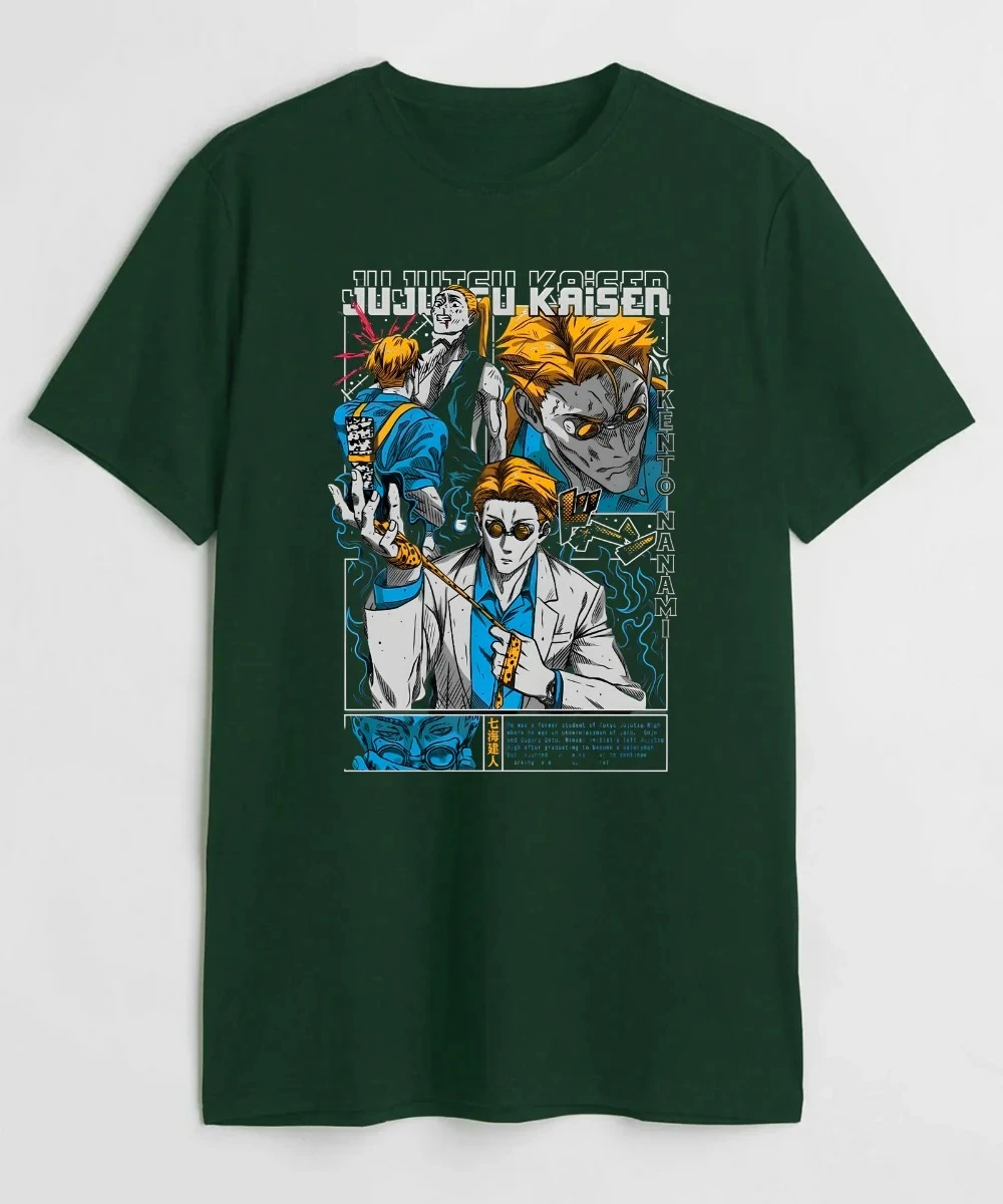 Koszulka graficzna z postaciami anime Jujutsu Kaisen: Satoru Gojo, Kento Nanami, Toji Fushiguro, męska odzież uliczna na lato 2025, czarna, bawełna.