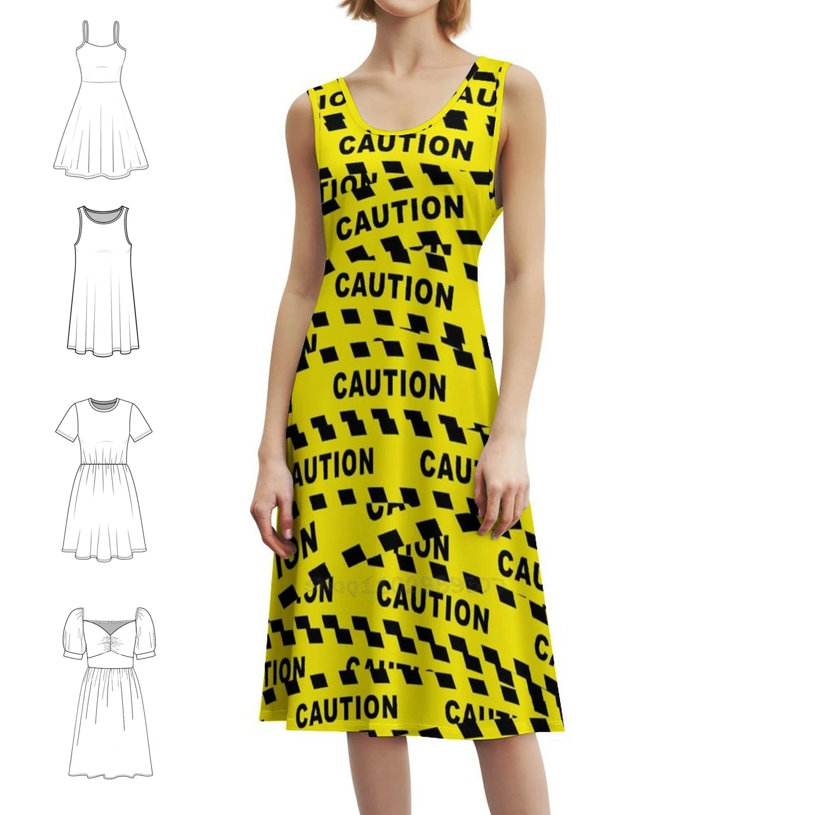 Caution Tape Bohemian Sleeveless Dress For Women Print Beach Party Dresses Caution Tape Yellow Black Caution Sign Dress