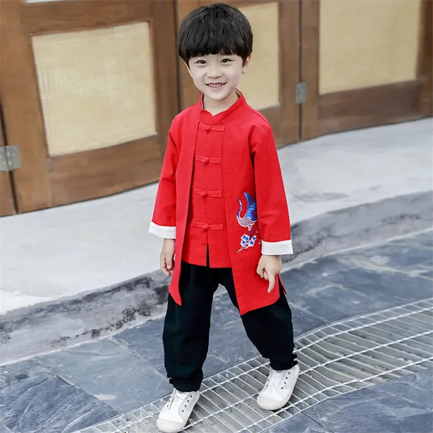 Children New Year Traditional Chinese Costumes Oriental Kids Tops Pants 2 Piece Hanfu Sets Vintage Crane Embroidery Tang Suit