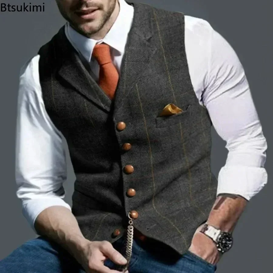 2024 Men\'s Formal Vests Lapel Tweed Plaid V-neck Waistcoat Slim Vest Business Formal Dress Suit Casual Wedding Tuxedo Male Vest