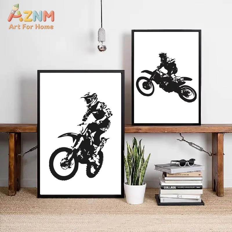 AZNM Dirt Bike Rider Silhouette Canvas Wall Art Frameless Print, Black White Motocross Poster, Boys Room Garage Sport Decor Pict