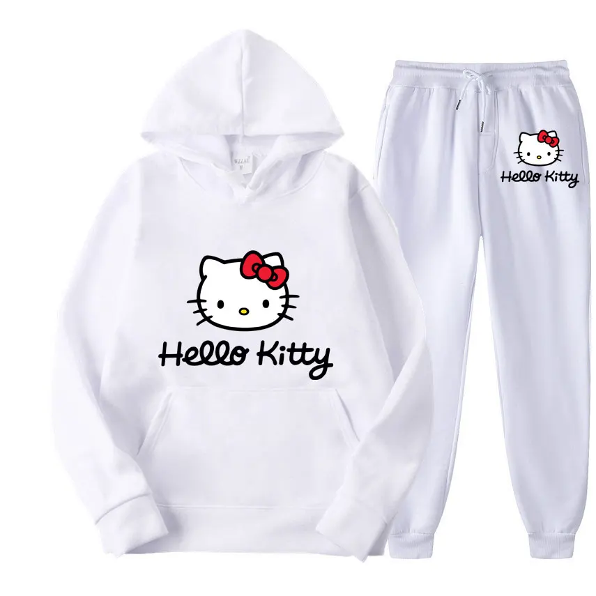 Hello Kitty Cartoon Anime Women Sweatshirt Sweatpants Set Fashion Men Pullover Pants Suit Spring Autumn Couple Hoodie Pant Sets