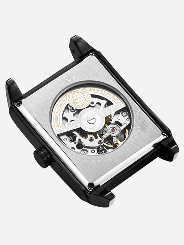 CIRNI-Relógio mecânico de luxo automático masculino, esqueleto retangular, relógio impermeável, moda, 5Bar, 2023