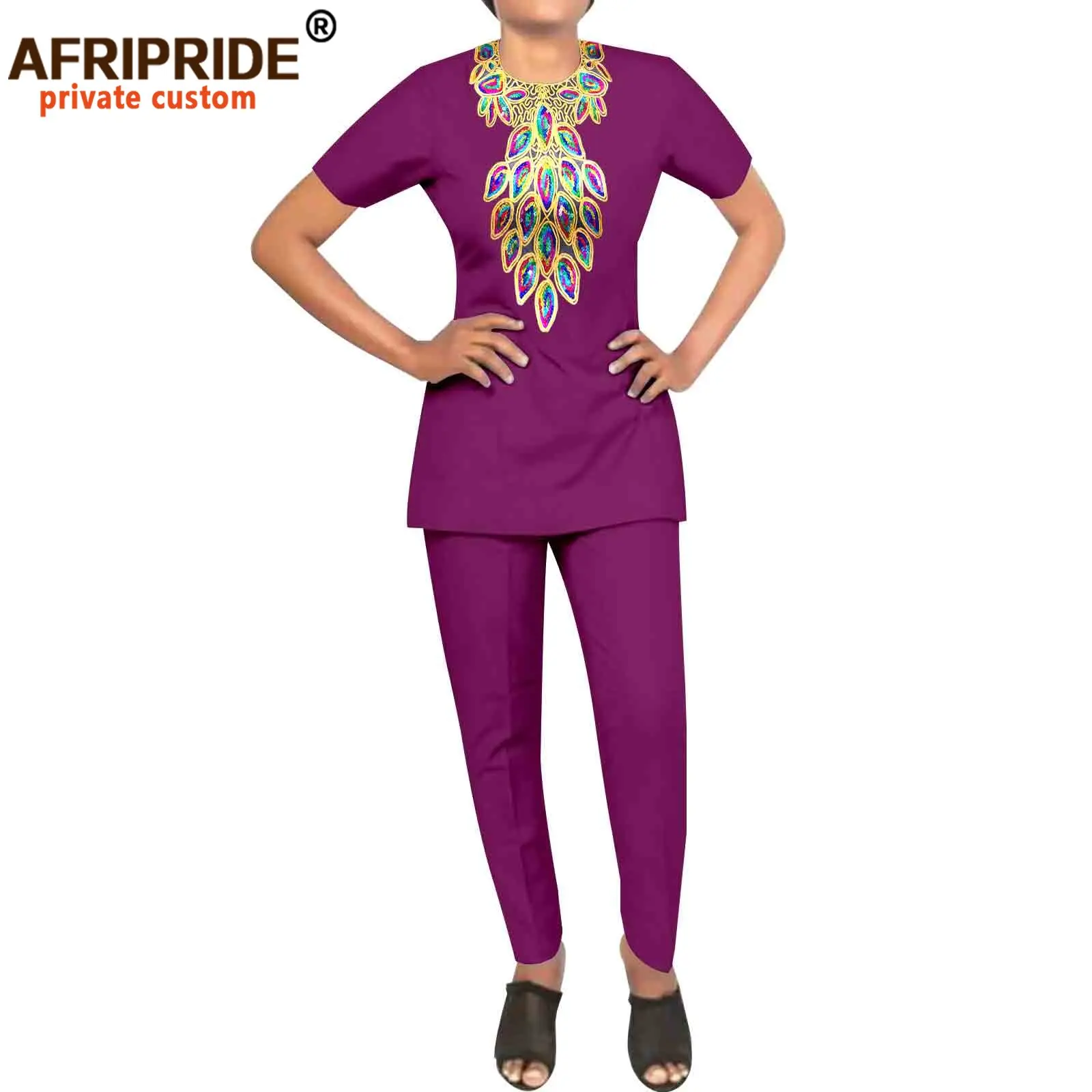 African Clothes for Women Short Sleeve O-neck Embroidery Shirts and Pants 2 Piece Set Dashiki Attire Ladies Outfits A2226015