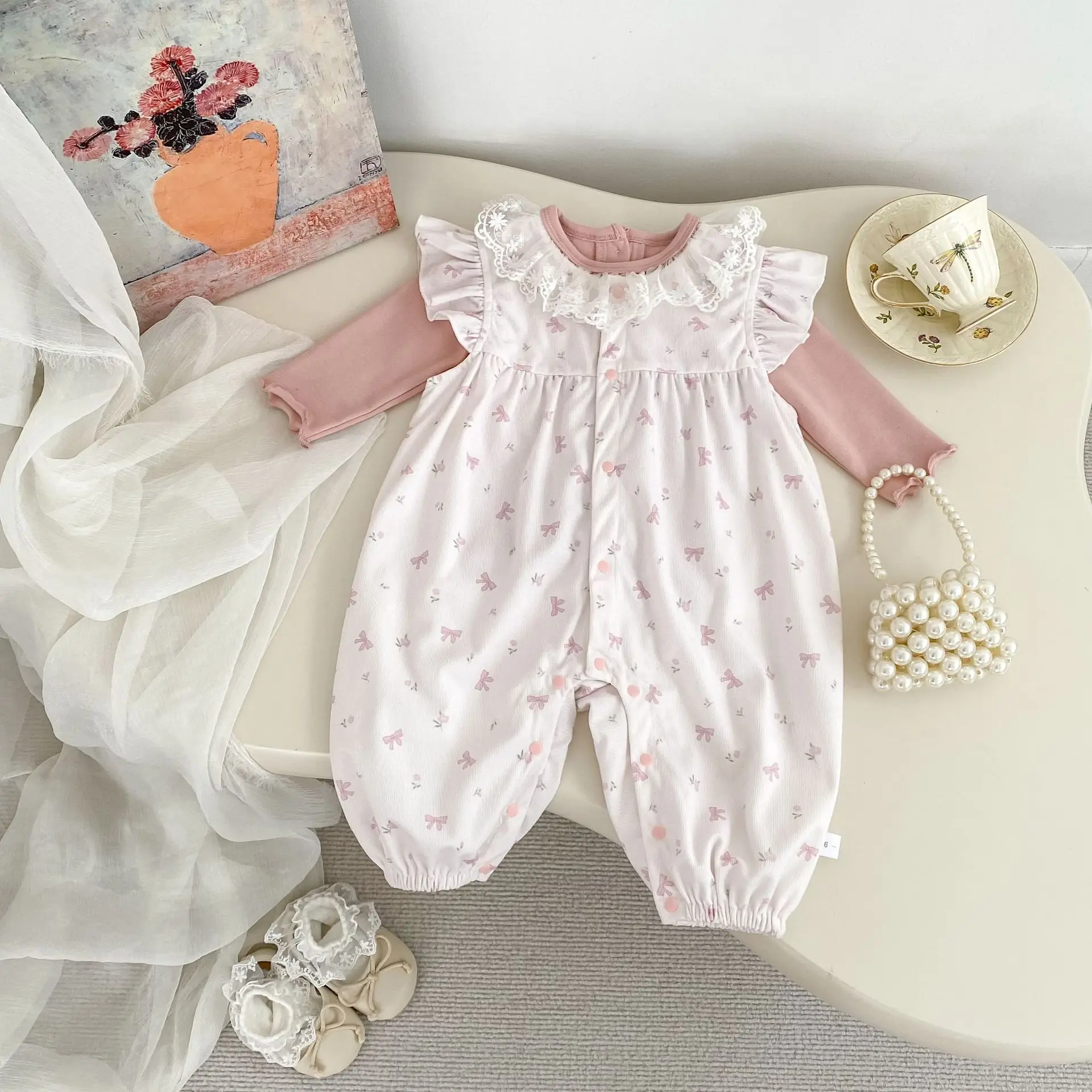 

Autumn Children's Two-piece Set Lace-trimmed Long-sleeved Newborn Girls Top Sleeve Floral Butterfly Knot Toddler Girls Romper