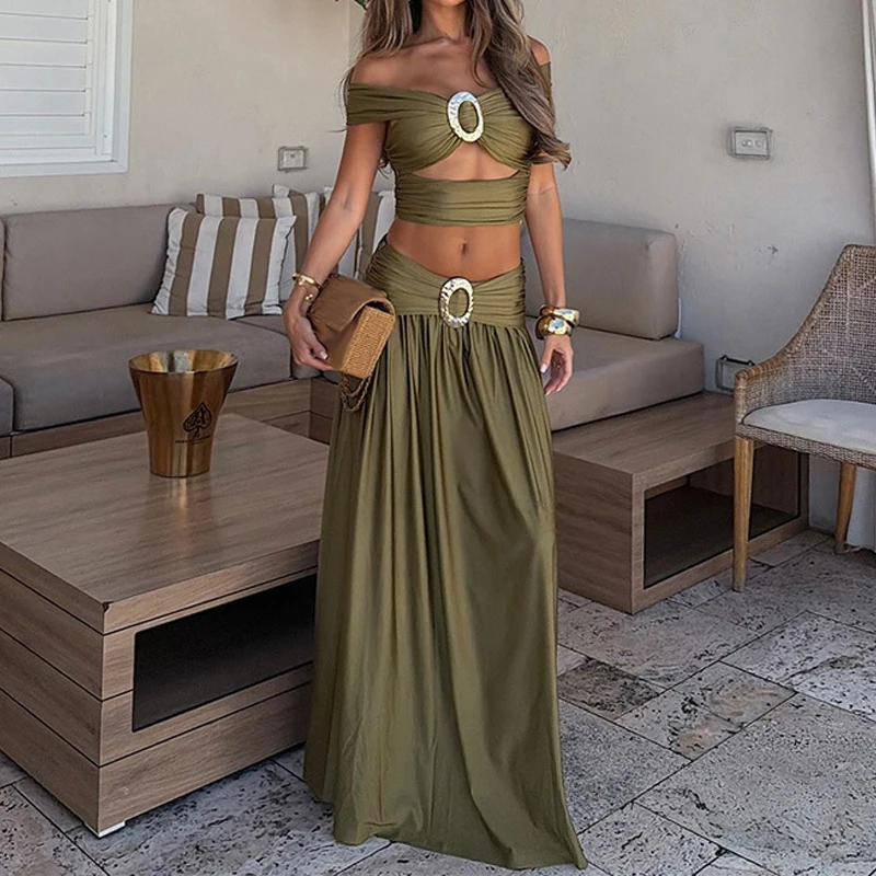 

New Elegant One Shoulder Metal Buckle Outfit Sexy Navel Expos Short Top+Skirt 2pc Set Fashion Solid Backless Pleated Splice Suit