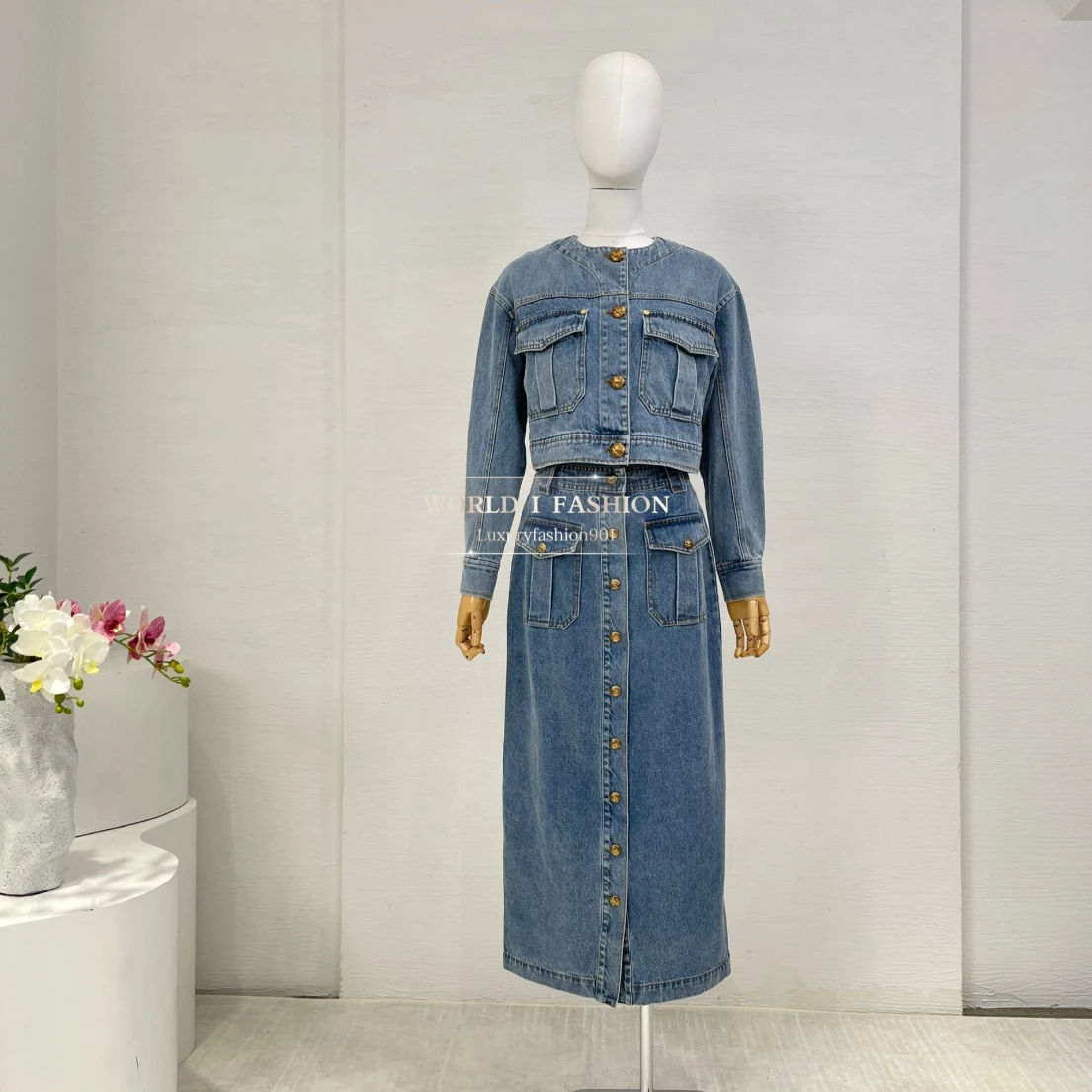 

Высочайшее качество, новинка 2025 года, синяя джинсовая блузка с длинными рукавами и круглым вырезом, комплект из топа и юбки-миди