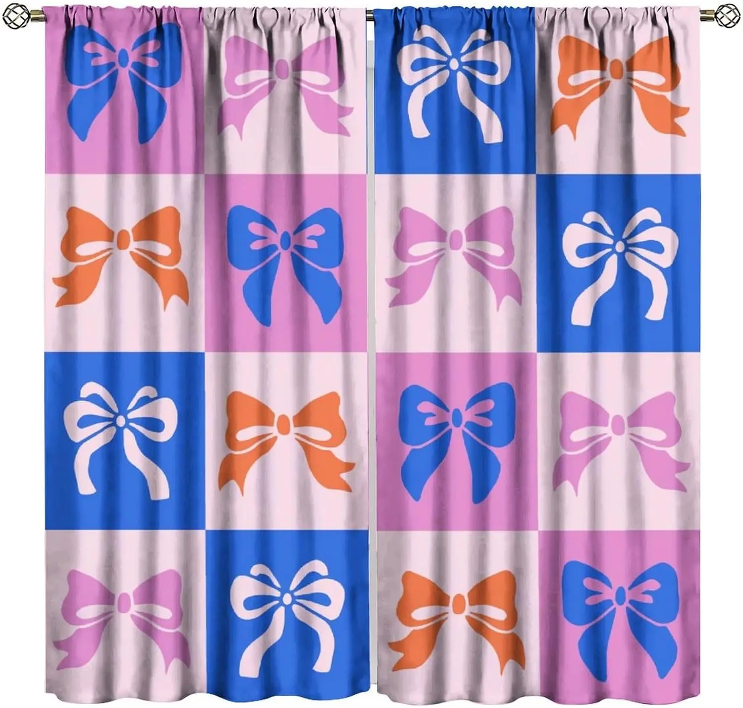 Color Block Bow Rod Pocket Curtain Pink Blue Orange Grid Ribbon Bow Print Cute Decor For Teen Girls Bedroom Kids Living Room