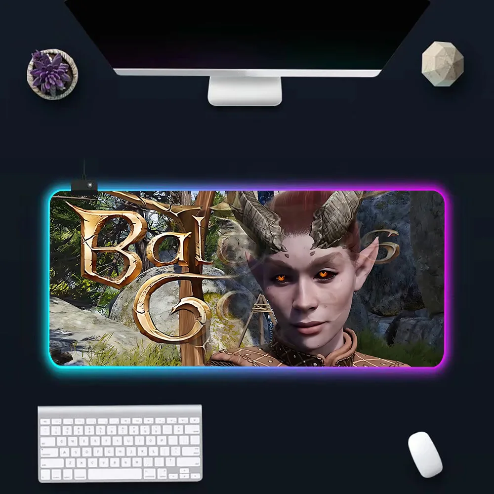 B-baldurs Gate 3 RGB Pc Mouse Pad, Mouse Pad bersinar LED, alas Mouse karet Komputer Gaming